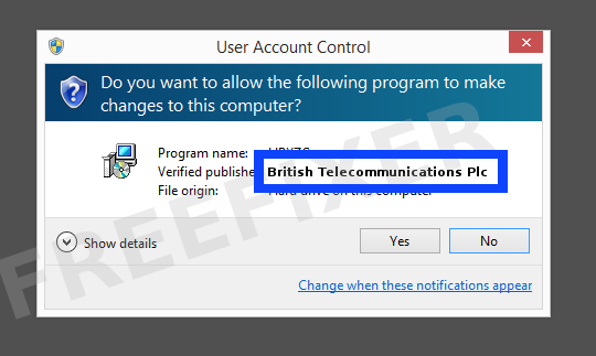 Screenshot where British Telecommunications Plc appears as the verified publisher in the UAC dialog